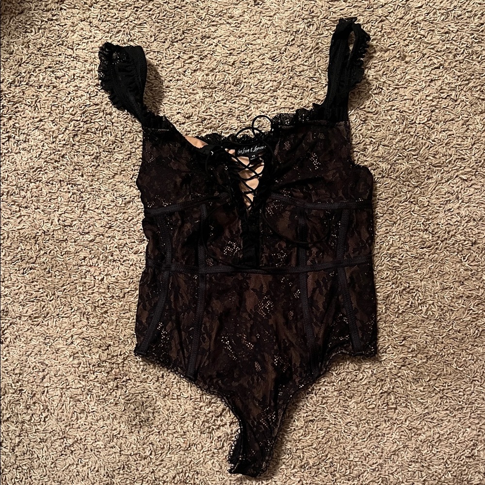 For Love & Lemons Black Lace-Trim Pink Bodysuit